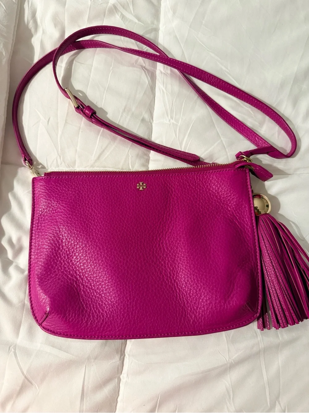 Tory Burch Bright Fuchsia Pebbled Leather Crossbody with Tassel